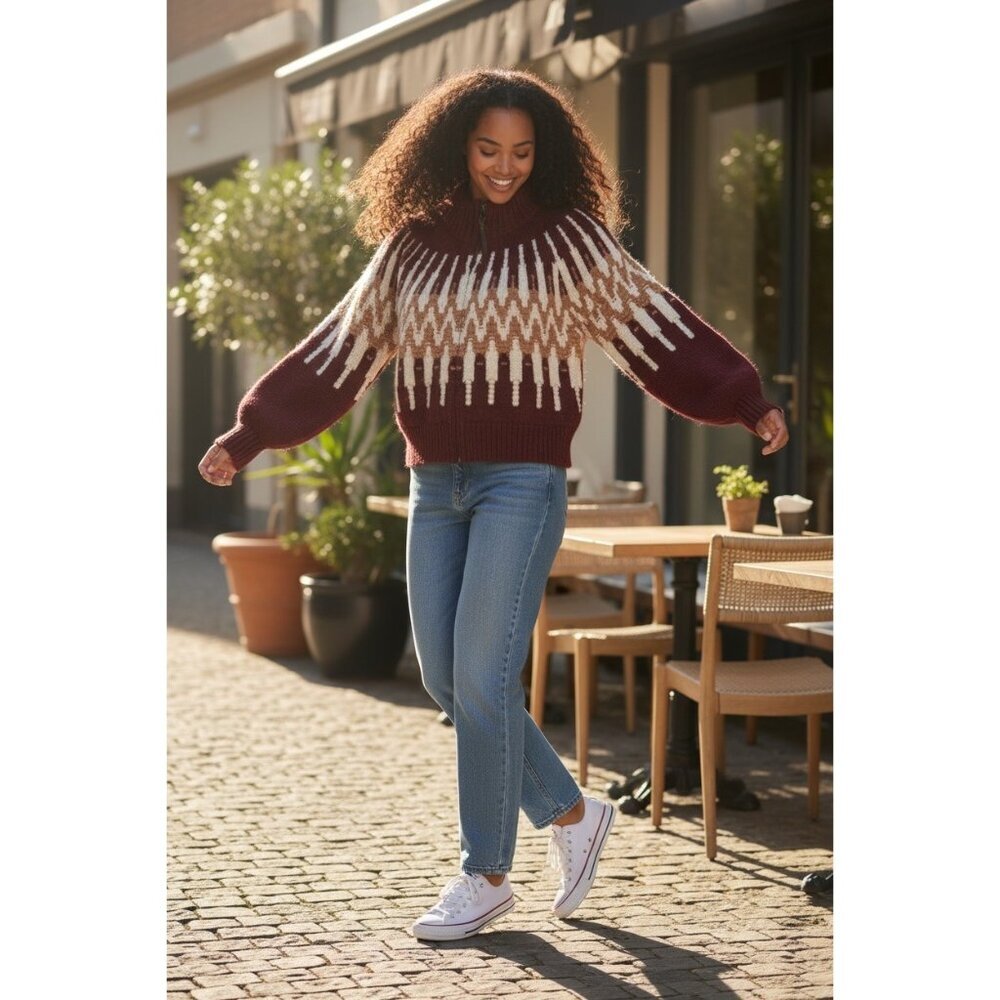 New Sundance Fair Isle Chunky Knit Zip Cardigan Sweater Size XS